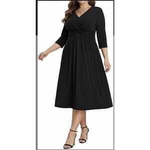 women's Dress Twist Knot V Neck 3/4 Sleeves A Line plus size16W black midi dress